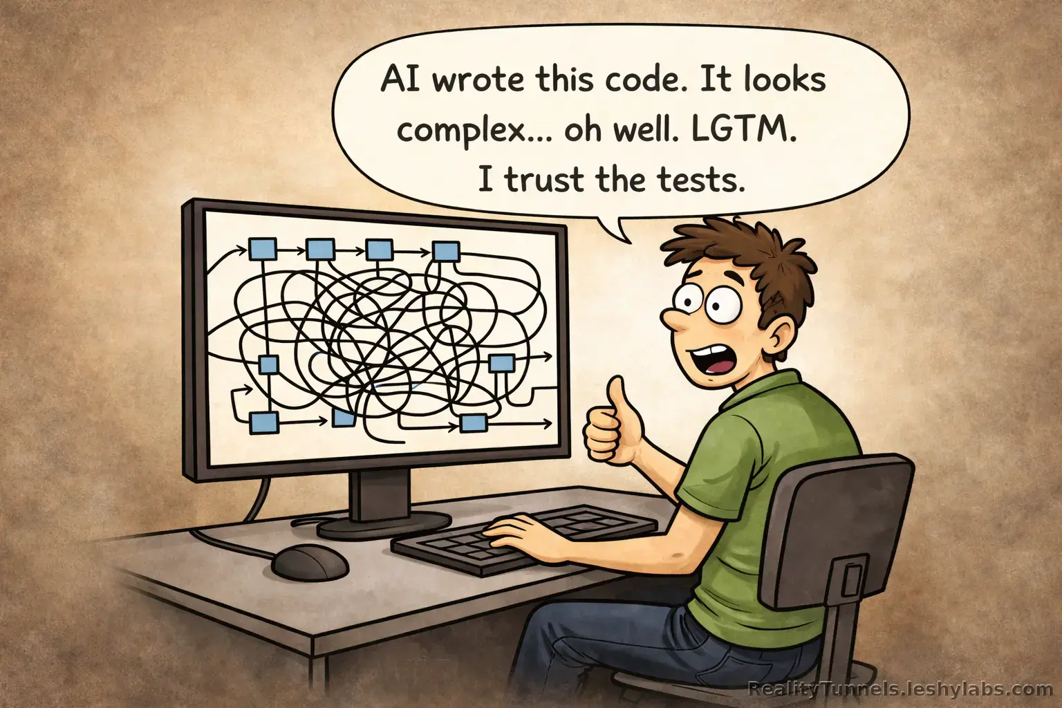 Cartoon developer giving a thumbs up to a tangled AI-generated code diagram while saying he trusts the tests.