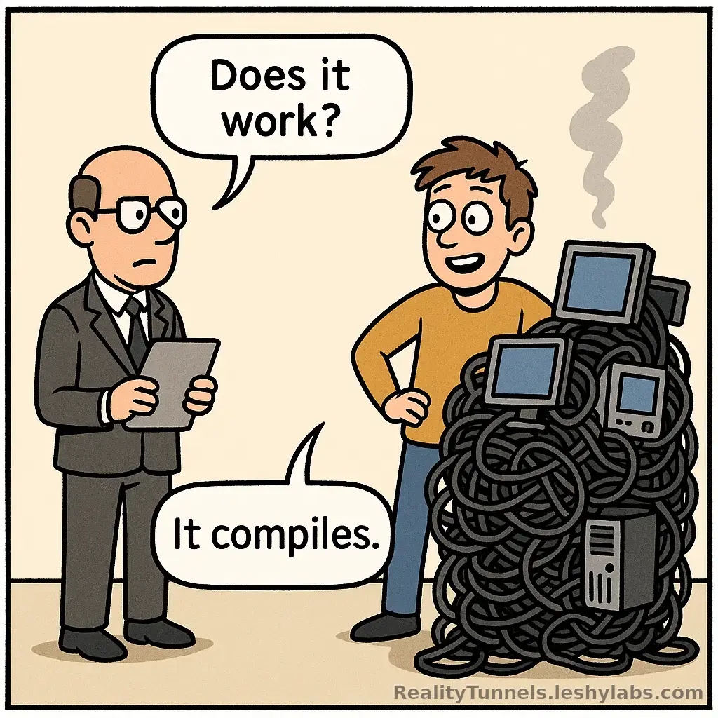 Cartoon manager asking if a tangled machine works and the developer replying that it compiles.